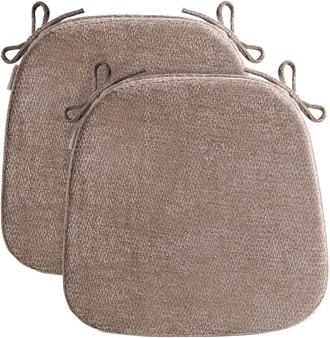 D-Shaped Chair Cushions for Dining Chairs, 2.5” Thick Chair Pads with Washable Comfortable Textured Cover, Non Slip Kitchen Chair Cushions with Ties, 16.5" x 16.5", 2 Pack, Brown