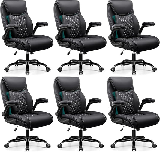 BESTFAIR Office Chair, Ergonomic Computer Desk Chairs with Lumbar Support for Lower Back Pain Relief, Executive Leather Home Chair Comfy with Padded Flip-up Armrests, Black, 6-Pack