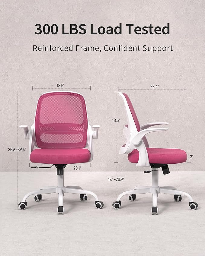 Ergonomic Mesh Office Chair with Flip-Up Arms, Adjustable Height, Breathable Mesh Back & Thick Cushion Seat, 360° Swivel Rolling Computer Desk Chair, BIFMA Certified, Supports 300 lbs (Pink)