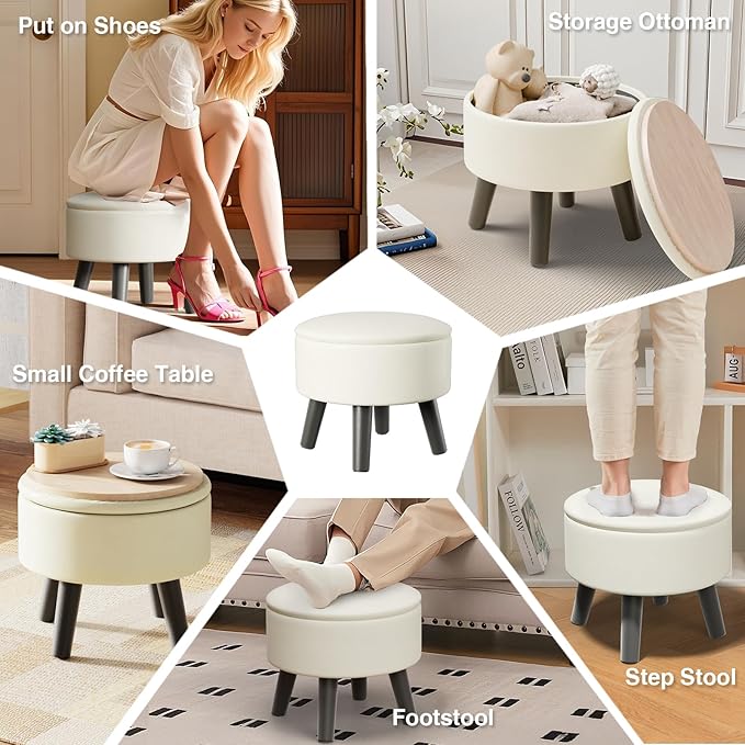 Small Foot Stool Ottoman with Storage, Faux Leather Ottoman Foot Rest for Couch, Round Footstool Ottomans for Living Room (White)