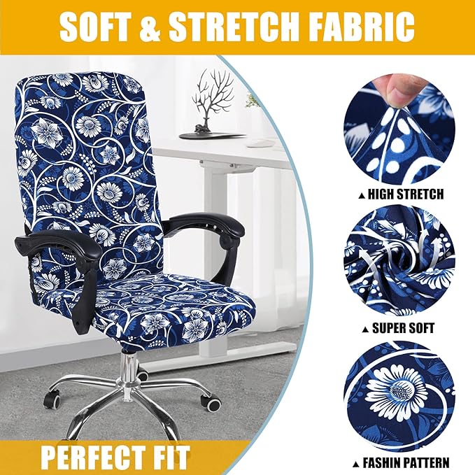 Smiry Stretch Printed Office Computer Chair Covers, Universal Desk Rotating Chair Slipcovers Removable Washable, Soft Fit Anti-Dust Spandex Protector Cover with Zipper, Navy Blue