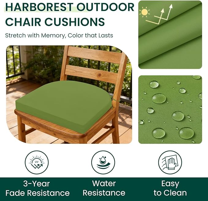 HARBOREST Outdoor Chair Cushions Set of 4, Water Resistant Patio Chair Cushions with Ties, Outdoor Seat Cushions for Patio Furniture, 17"x16"x2", Grass Green