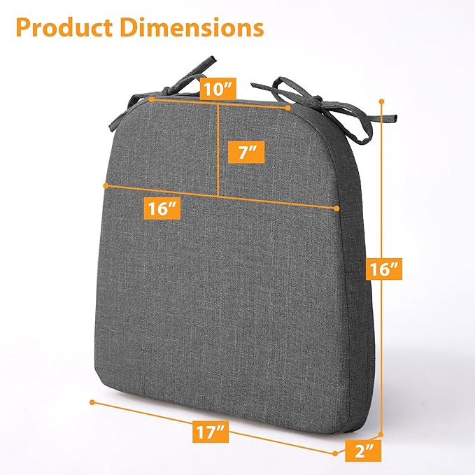 Ruqmuis Chair Cushions for Dining Chairs, 2" Thick Seat Cushions for Kitchen Chairs, D-Shaped Chair Pads with Washable Cover, Ties and Non Slip Backing, 17'' x 16'', Set of 6, Dark Grey