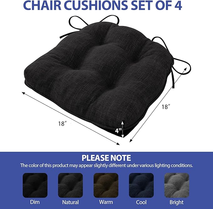 IPYNBAP Chair Cushions for Dining Chairs Set of 4, Kitchen Chair Cushions, Chair Pads with Ties and Non Slip Backing, Tufted Memory Foam Seat Cushion 4 Pack, 18" x 18" x 4", Black