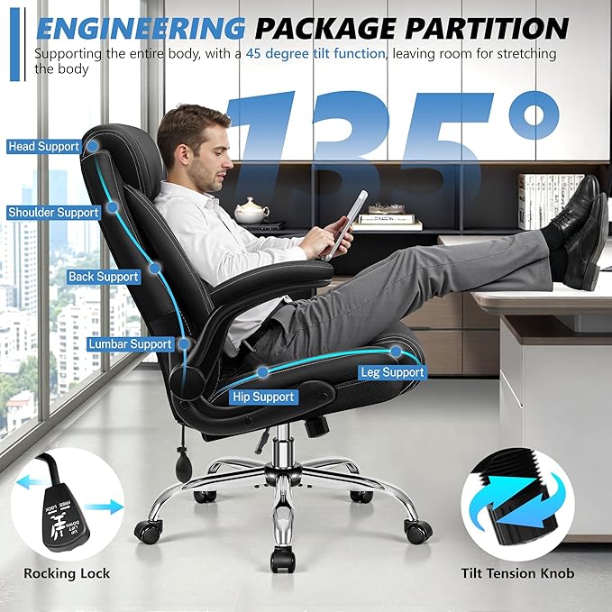 Office Chair, Big and Tall Ergonomic Desk Chair, Executive Leather Computer Chair with Adjustable Lumbar Support, Comfy Gaming Chair with Flip Up Arms, Swivel PC Chair with Rocking Function, Black
