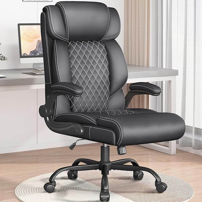 Office Chair-Executive High Back Breathable Comfy Desk Chair with Flip-up Armrests Lumbar Support-Ergonomic Leather Rolling Swivel Chair with Rock Function for Working,2 Pack