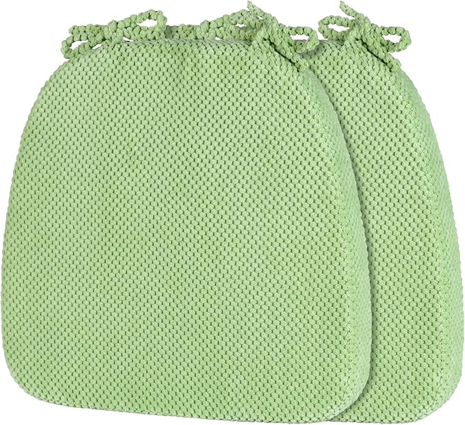 2 Pack Green Chair Cushions with Ties Removable Covers, D-Shape Dining Kitchen Chair Seat Pads Non Slip 17"x16"