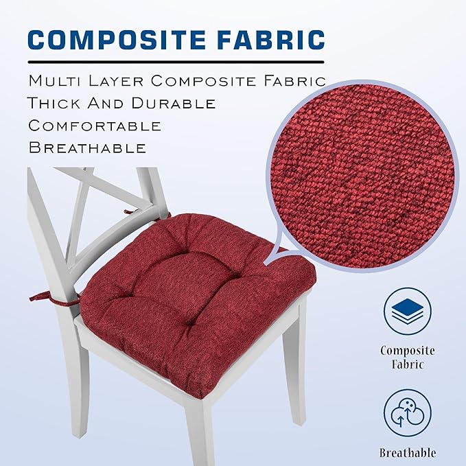 SQUARE MOON D-Shaped 3" Thick Chair Cushions, Chair Pads for Dining Chairs and Kitchen Chairs, Indoor Dining Room Seat Cushions with Ties, Machine Washable, 17" x 16" x 3", 4/Pack, Wine Red