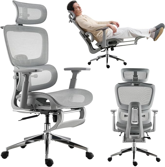 Mesh Ergonomic Office Chair with Footrest, High Back Mesh Gaming Chair with Lumbar Support, Adjustable Headrest and Armrests for Home Office Desk Chair (Modern, Grey)