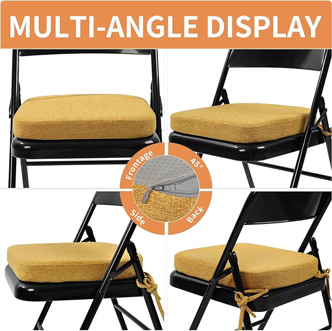 SINOSSO Memory Foam Chair Cushions for Folding Chairs 4 Pack, Thickened 2" Square Pads with Ties for Kitchen Chairs, Indoor Non-Slip Dining Chair Seat Cushions (Set of 4, Yellow)