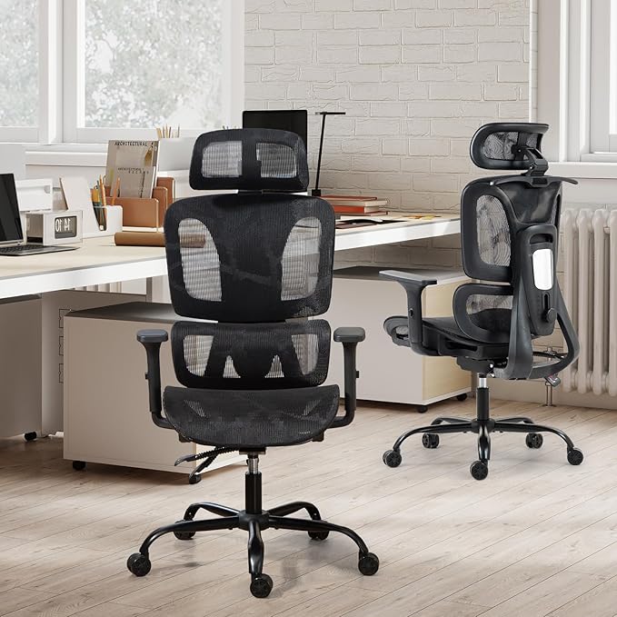 ECOTOUGE Mesh Desk Chair, Ergonomic Office Chair with Lumbar Support, Adjustable Headrest & 3D Armrests, Reclining High Back Chair for Home, Black Gaming Chair for Adults