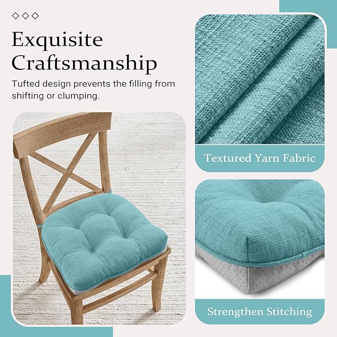 Wellsin Chair Cushions for Dining Chairs, Non-Slip Kitchen Chair Pads with Ties, Tufted Shredded Foam Kitchen Chair Cushions Set of 4, 15.5" X 15.5", Aqua Blue