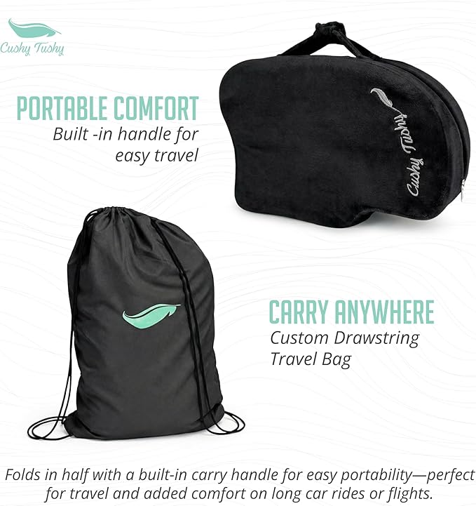 Cushy Tushy Premium Slim Foldable Travel Seat Cushion - for Relief of Lower Back, Sciatic, Butt and Tailbone Pain - for Home & Office Use, Perfect for Travel or Driving - Slim Coccyx Cushion - Black