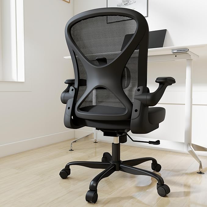 Ergonomic Mesh Office Chair, Computer Chair with Flip-Up Armrests, Adjustable Lumbar Support, Height Adjustable, Smooth Casters, and 360° Swivel, Black