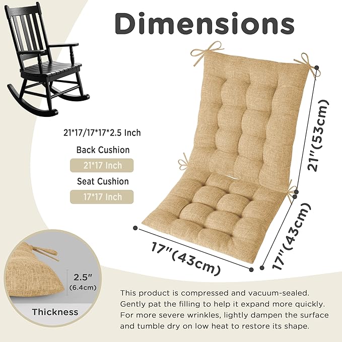 AddGrace Rocking Chair Cushions Indoor Tufted Cushions for Rocking Chairs with Ties Comfortable Textured Fabric Set of Seat & Back Cushion 21x17/17x17 Khaki