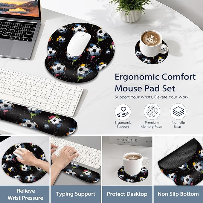 Soccer Keyboard Wrist Rest Pad Ergonomic Mouse Pad Set,3 in 1 Memory Foam Mouse Pad with Non Slip Base for Office and Home