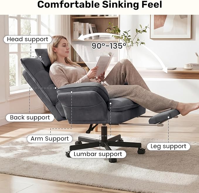 Criss Cross Office Chair with Flip-Up Armrests and Headrest, 135° Reclining Swivel Velvet Criss Cross Chair with Wheels & Foot Rest, Big and Tall Cloud Cross Legged Office Chair for Home, Gray