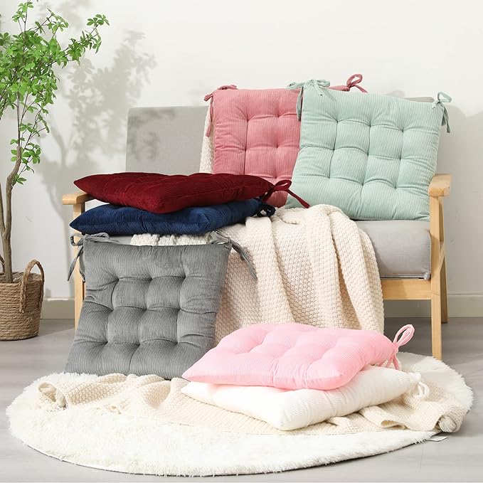 HLOVME Corduroy Chair Cushion with Ties Ultra Soft Warm Floor Cushion for Kids Reading Nook Comfortable Square Seat Cushion for Adult 15.7”x15.7” Set of 2, White