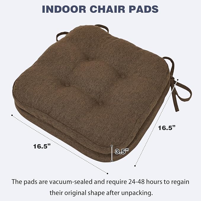 baibu Dining Chair Cushions, Dual-Layer Patent Design Memory Foam Kitchen Chair Cushions, Non-Slip Seat Pads with Ties, 16.5 x 16.5 x 3.5in, 1 Pack, Dark Brown