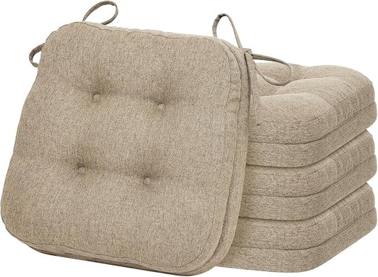 baibu Set of 4 Dining Chair Cushions, Dual-Layer Patent Design Memory Foam Kitchen Chair Cushions, Non-Slip Seat Pads with Ties, 16.5 x 16.5 x 3.5in, 4 Pack, Khaki