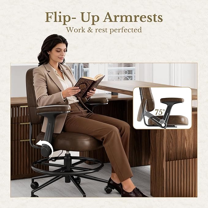 Drafting Executive Chair, Tall Office Chair with Padded Flip-Up Armrests, Mid-Back Cushioned Seat, 360° Swivel Rolling Computer Desk Chair for Standing Desk & Home Office, Vintage Brown