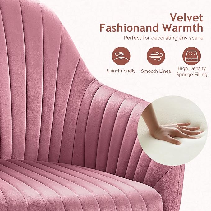 Warmiehomy Vanity Chair, Velvet Office Chair, Desk Chair for Home Office, Comfy Task Chair with Arm Rest for Reading Makeup, Dusty Rose