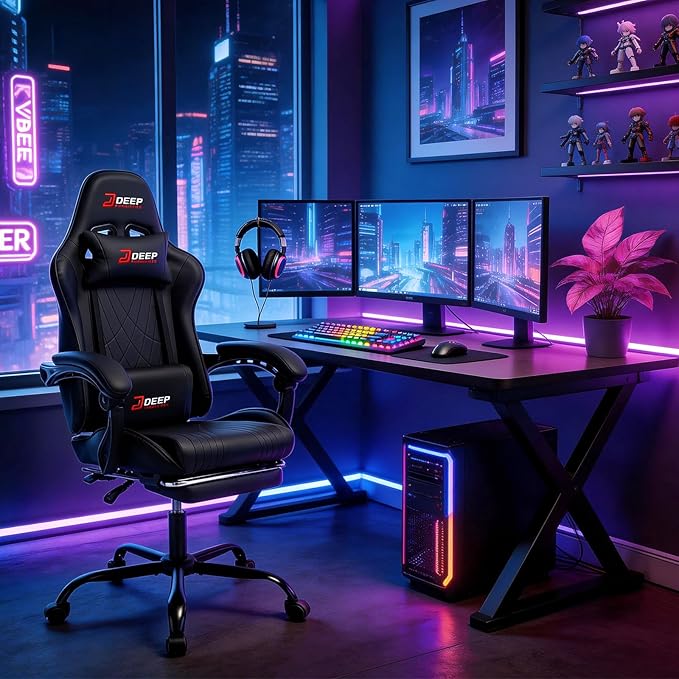 Gaming Chair with Footrest, Ergonomic Game Chair with Lumbar Support and Linkage Armrest, Reclining Computer Chair Height Adjustable for Home Office (1001-Black)