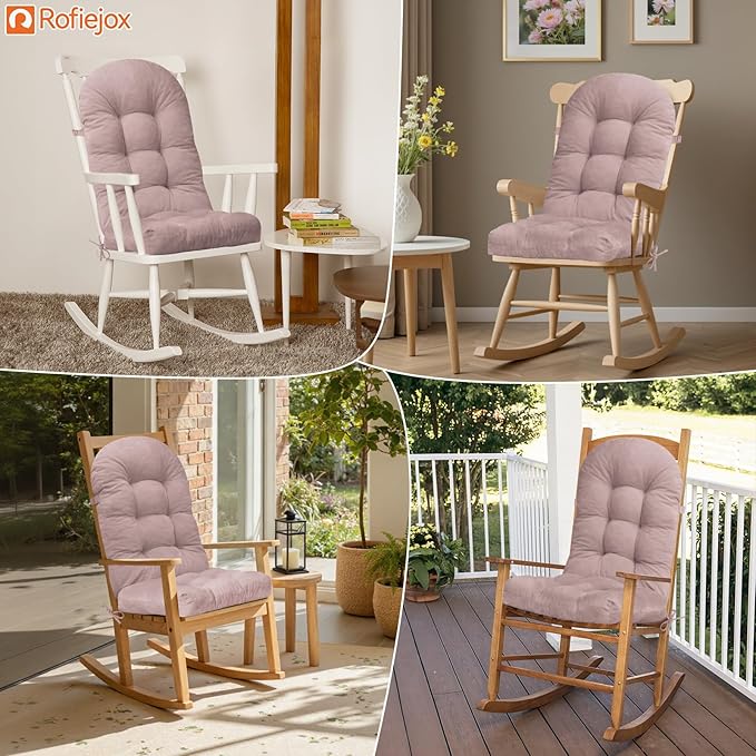 Rocking Chair Cushion - Chenille Fabric, High-Density Sponge, Durable Comfort Non-Slip Bottom Tufted Seat Pads with Ties, Chenille︱Pink, 44x19x4 inch