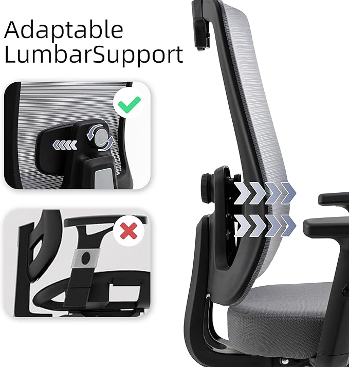 Ergonomic Office Chair, Swivel Mesh Office Chair with Headrest, Adjustable Desk Chair with Flip-Up Arms, Set of 2 Computer Chair for Home Office Work Study, Grey