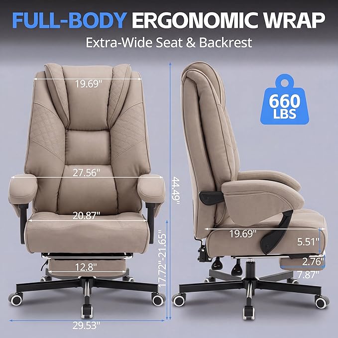 Ergonomic Gaming Office Chair for Adults, Big and Tall Heavy Duty Computer Desk Chair, High Back Video Game Chair with Footrest, Comfortable Leather Home Wide Gamer Chair with Lumbar Support (Beige)
