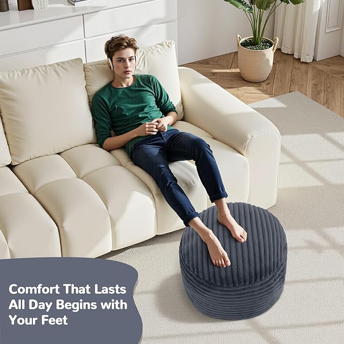 MeMoreCool Stuffed Round Pouf Ottoman Foot Rest, Soft Plush Floor Pouf Foot Stool, Corduray Footstool Footrest, Small Round Ottoman for Living Room Couch Sofa Chair, 20x15 Inch Grey