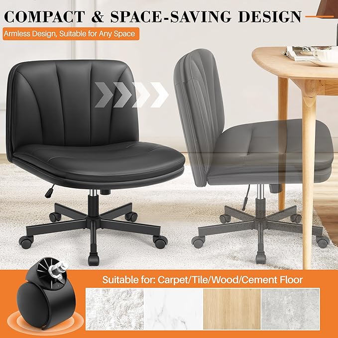 FelixKing Criss Cross Chair with Wheels, Cross Legged Office Chair, Armless Wide Vanity Desk Chair with 2 Layer Comfty Velvet & Back - Swivel for Home Office Bedroom, Dark Black