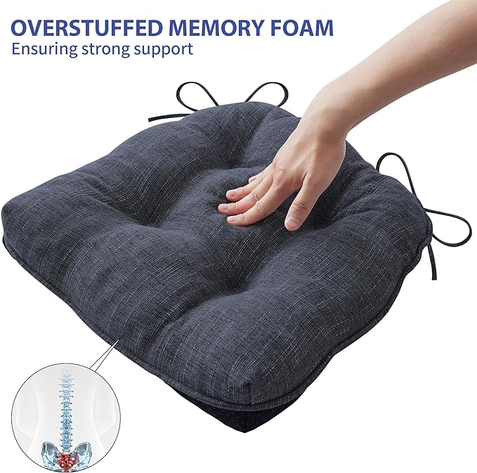 IPYNBAP Chair Cushions for Dining Chairs Set of 2, Kitchen Chair Cushions, Chair Pads with Ties and Non Slip Backing, Tufted Memory Foam Seat Cushion 2 Pack, 15.5" x 15.5" x 4", Navy Blue