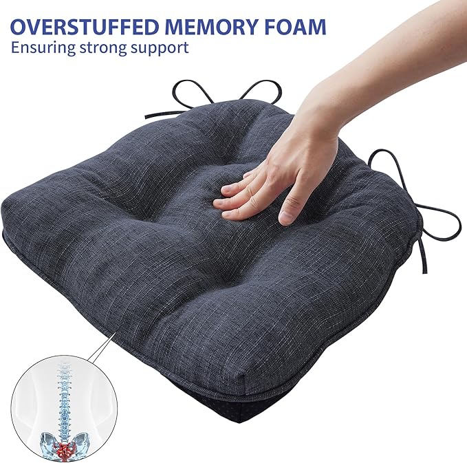IPYNBAP Chair Cushions for Dining Chairs Set of 6, Kitchen Chair Cushions, Chair Pads with Ties and Non Slip Backing, Tufted Memory Foam Seat Cushion 6 Pack, 15.5" x 15.5" x 4", Navy Blue