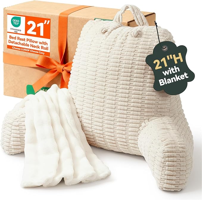 24" Large Reading Pillow with Detachable Neck Roll for Sitting in Bed Adult, Back Pillow with Blanket for Couch Bed Rest, Reading, Watching TV, Gaming