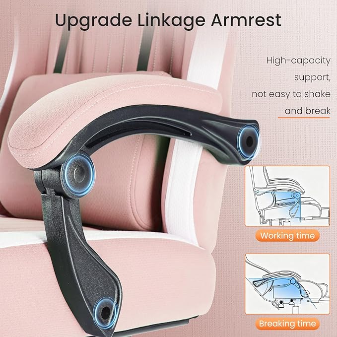 Sweetcrispy Video Gaming Chair - Ergonomic Desk Chair with Footrest and Lumbar Support, Height Adjustable High Back Task Chair with Linkage Armrests and Headrest, 360° Wheels, Pink