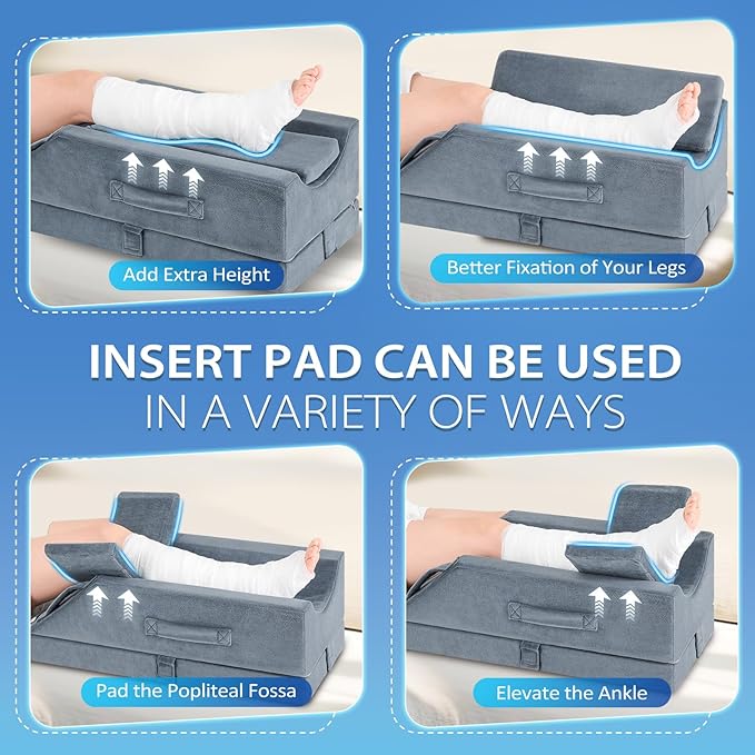 Wellsin 4-Height Adjustable Leg Elevation Pillows for After Surgery, Knee and Ankle Injuries, Memory Foam Leg Wedge Pillow with 3 Handles, 1 Insert Pad and Washable Velvet Cover
