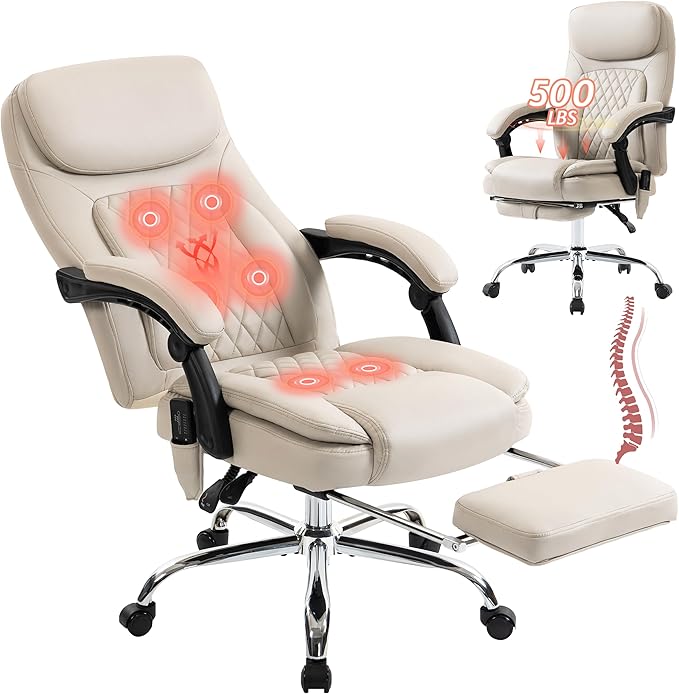 500LBS Massage Office Chair, 6 Points Vibration & Heat Executive Office Chairs, 135°Reclining Comfy Desk Chair with Foot Rest, Wider & Thicker Seat Cushion, PU Leather Big and Tall Gaming Chair, Beige