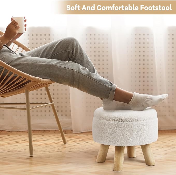 OGEMXU Ottoman Foot Rest, Small Round Ottoman with Storage, Boucle Teddy Velvet Footstool with Wood Legs, Soft Sponge Storage Ottoman for Living Room, Bedroom, Couch, Enterway (Cream)