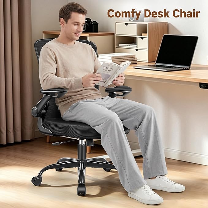 BESTFAIR Ergonomic Office Chair, Mesh Computer Desk Chairs with Lumbar Support, Swivel Desk Chair with Flip-up Arms and Adjustable Height, Black, 8-Pack