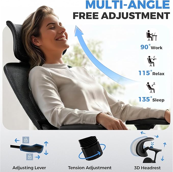 Office Desk Chair, Ergonomic Office Chairs with Lumbar Support, Breathable Mesh Desk Chair with Thickened Cushion Comfy for Home Office, Work, 300Lbs, Black