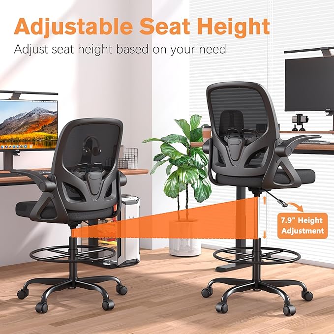 ORRSAKER Drafting Chair Tall Office Chair for Standing Desk, Breathable Mesh Ergonomic Computer Desk Chair with Flip-Up Armrests, Adjustable Lumbar Support and Footrest Ring,300 LBS，Black