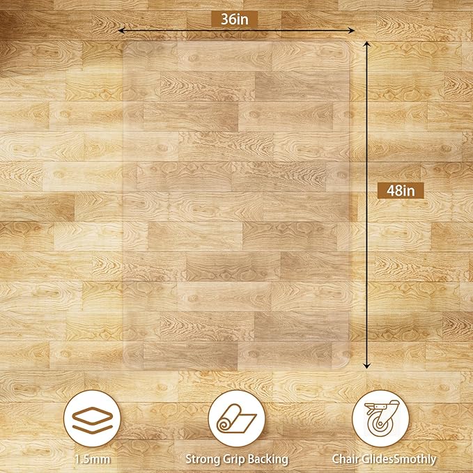 Office Chair Mat for Hard Floors 36 x 48 Inch, Clear Plastic Floor Protector for Rolling Desk & Computer Chairs, Transparent Under Desk Mat for Hardwood, Wood & Tile Floors