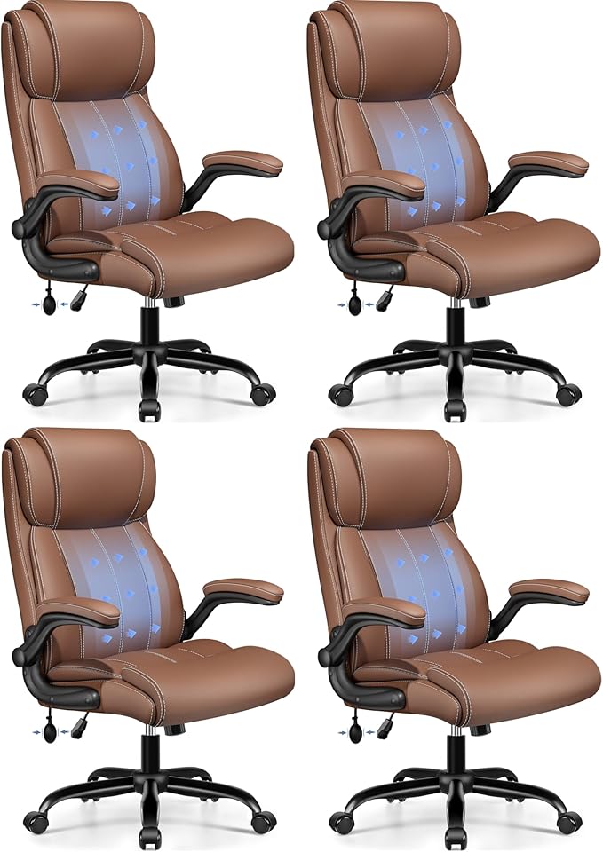BESTFAIR Ergonomic Office Chair - Desk Computer Chair, Leather High Back Executive Chairs with Adjustable Lumbar Support & Flip Up Arms, Brown 4 Pack