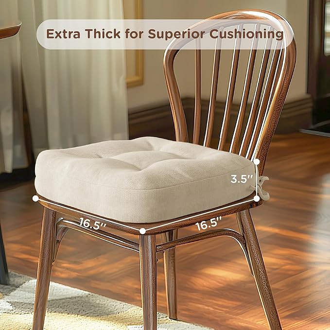Codi Dining Chair Cushions 2 Pack, Thick Chairs Pads for Indoor Kitchen Room - Washable, Non-Slip Memory Foam Seat Cushion with Ties, 16.5"x16.5"x 3.5", Set of 2, Beige New