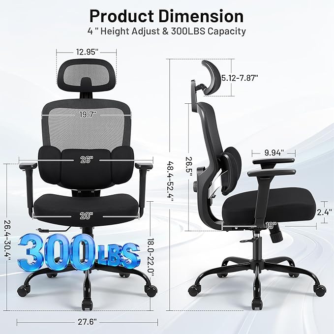 Ergonomic Office Desk Chair, High Back Breathable Mesh Computer Chair, 3D Lumbar Support, 2D Headrest & 3D Armrests, 300lbs Heavy Duty Task Chair for Home Office Work Gaming, Black