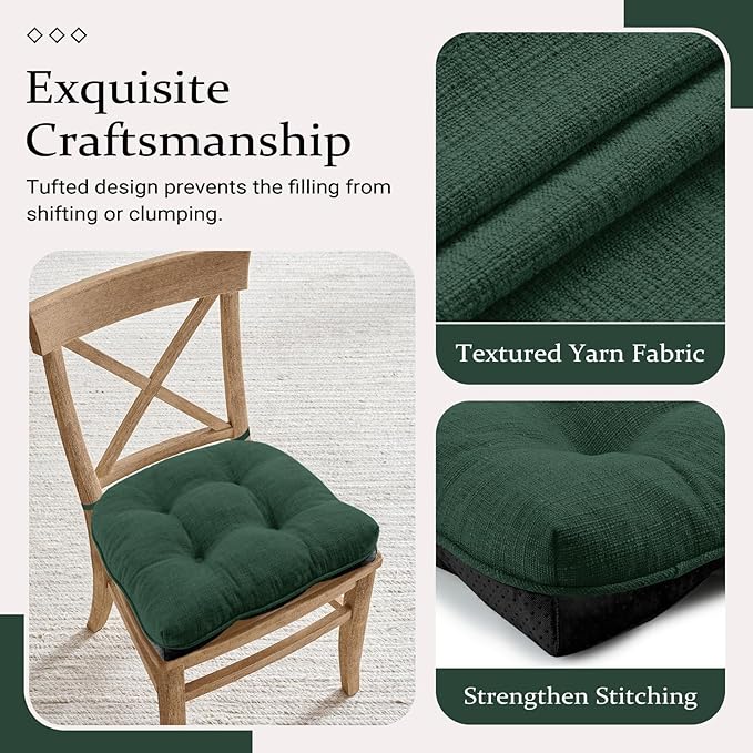 Wellsin Chair Cushions for Dining Chairs, Non-Slip Kitchen Chair Pads with Ties, Tufted Shredded Foam Kitchen Chair Cushions Set of 2, 15.5" X 15.5", Dark Green