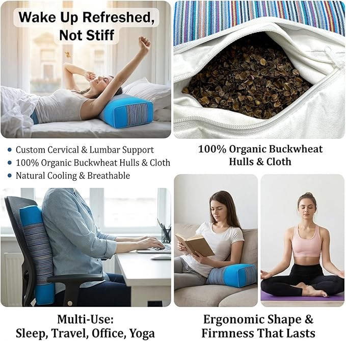 Adjustable Buckwheat Hull Pillow for Neck Pain Relief (21x8x4) Natural Cooling Cervical Support Camping Pillow for Side & Back Sleepers with Night Sweats (Blue)