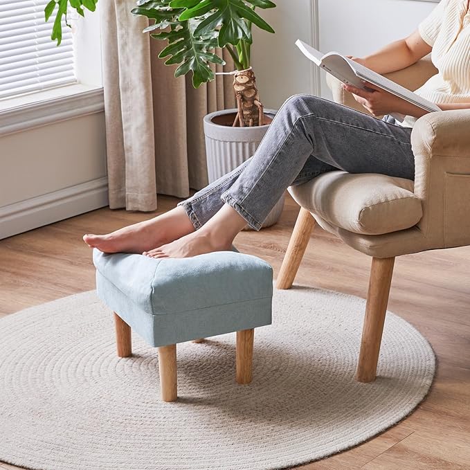 YMYNY 15.75" Small Footstool Ottoman, Footrest with Sponge Padded Seat, Step Stool for Sofa, Bedroom, Living Room, Entryway, Modern Change Shoes Stool, Wood Legs, Light Blue UHBD023BL