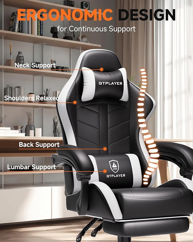 GTPLAYER Gaming Chair for Adults, Ergonomic Computer Gaming Chair with Footrest, Height Adjustable, 90-155° Recline & Removable Headrest Lumbar Support, Pearl White